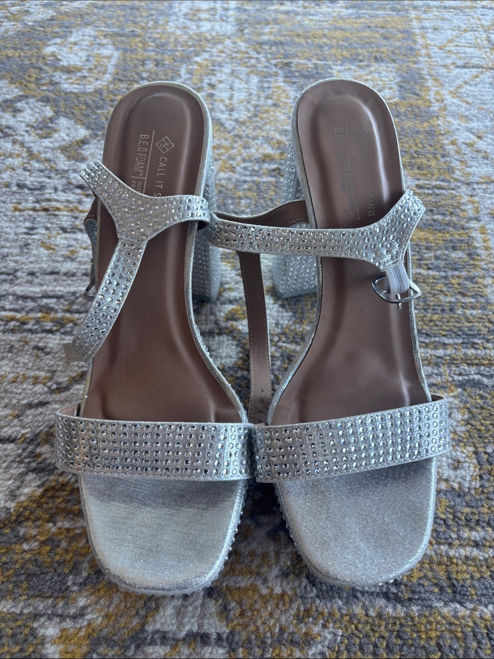 Call It Spring Silver Rhinestone Platform Block Heels - Picture 2 of 4